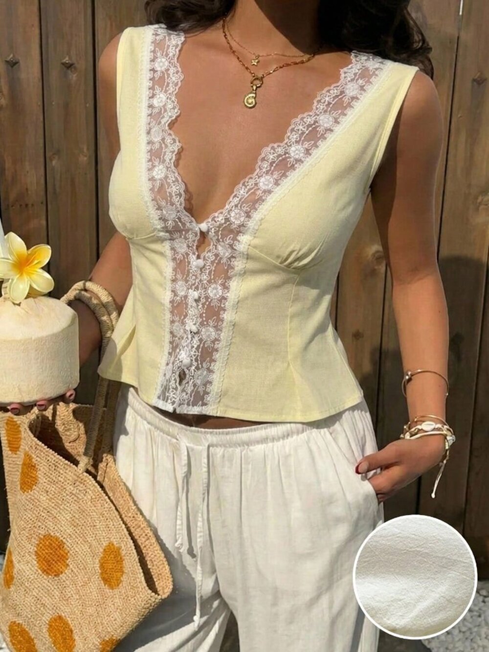 Yellow Casual Women's Lace Patchwork Sexy Versatile Date Night Blouse - Picture 3 of 7
